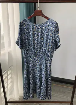 

100% Viscose Floral Print Women Summer Dress Short Sleeve O-neck Pleated Back Zipper Mini Dresses