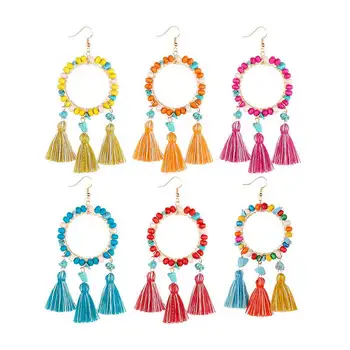 

E6969 ZWPON 2020 Colorful Seed Beaded Stone Circle Triple Tassel Dangle Earrings for Women Summer Statement Earrings Wholesale