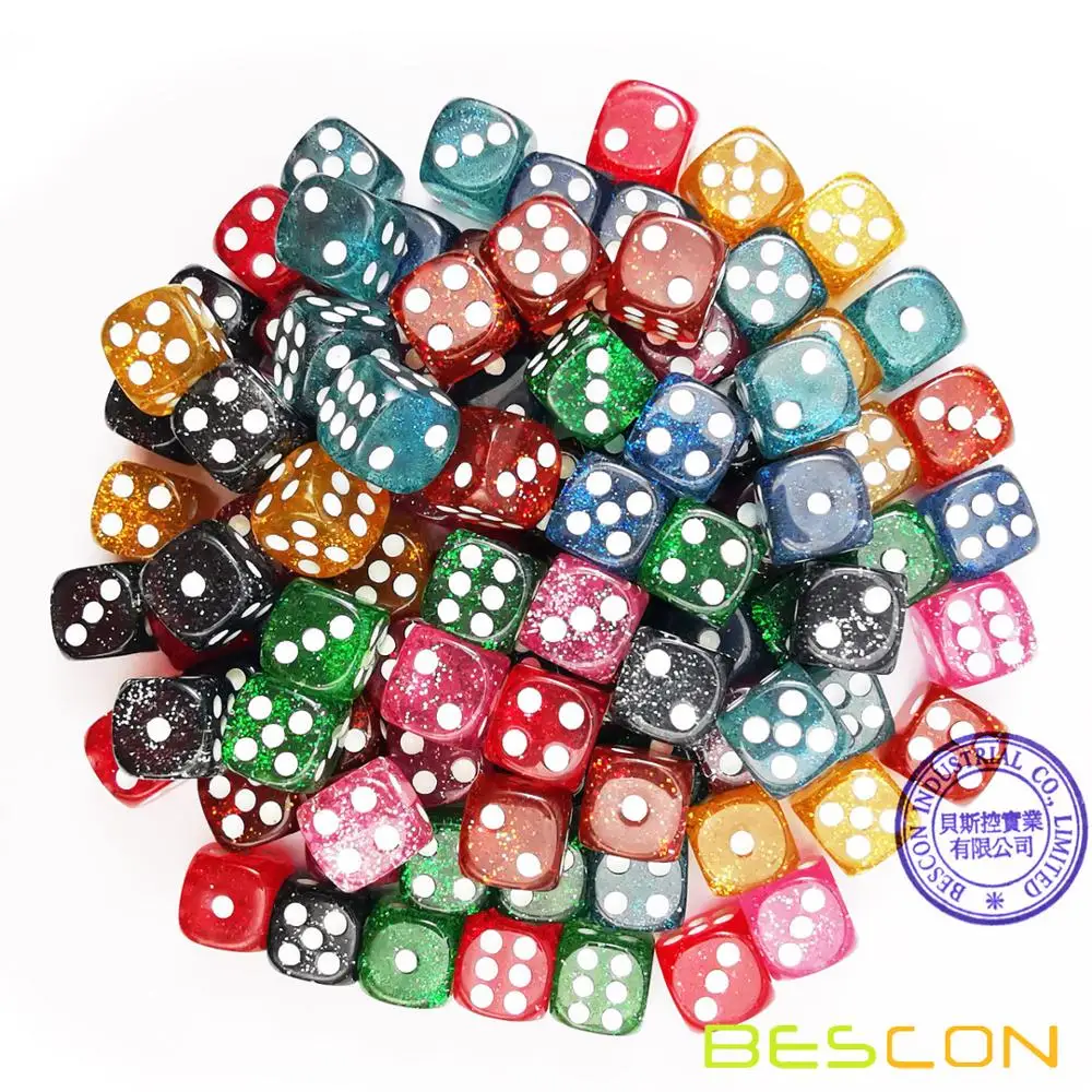 Bescon " A Lot of Glitter" 16MM D6 Set 100pcs, Assorted Colored Glitter Dice Set 100pcs