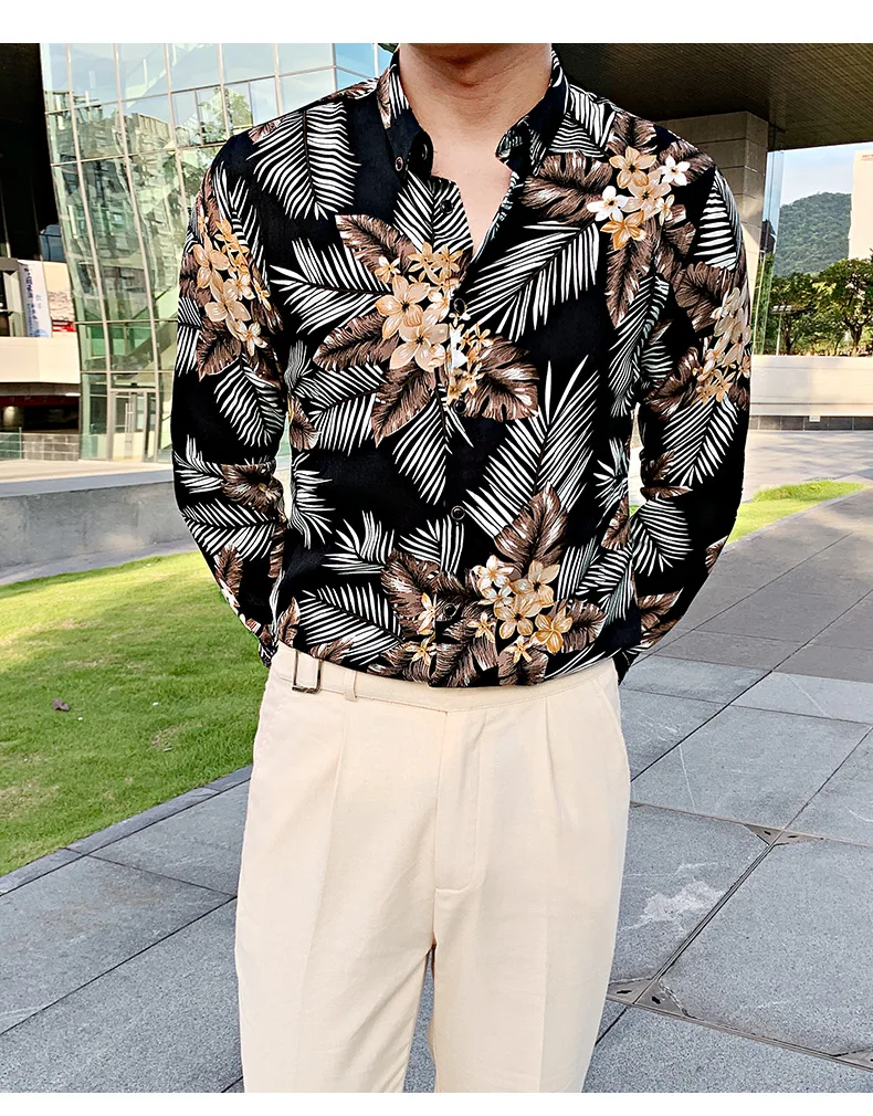 Description Picture 3 of itemNew Slim Brand Fit Casual Men's Social Shirts Dress Long Sleeve Night Club Prom Tuxedo Top Quality British Style Print Shirt Men