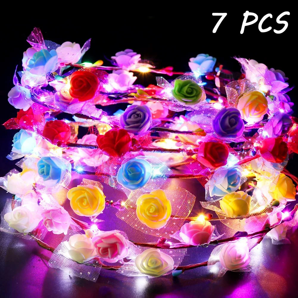 

7pcs Glowing Garland Wedding Party Crown Flower Headband Led Light Christmas Neon Wreath Decoration Luminous Garlands Hairband