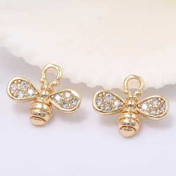 

6PCS 8x10MM Hole 2MM 24K Gold Color Brass with Zircon Bee Charm Pendants for DIY Jewelry Making Findings Accessories