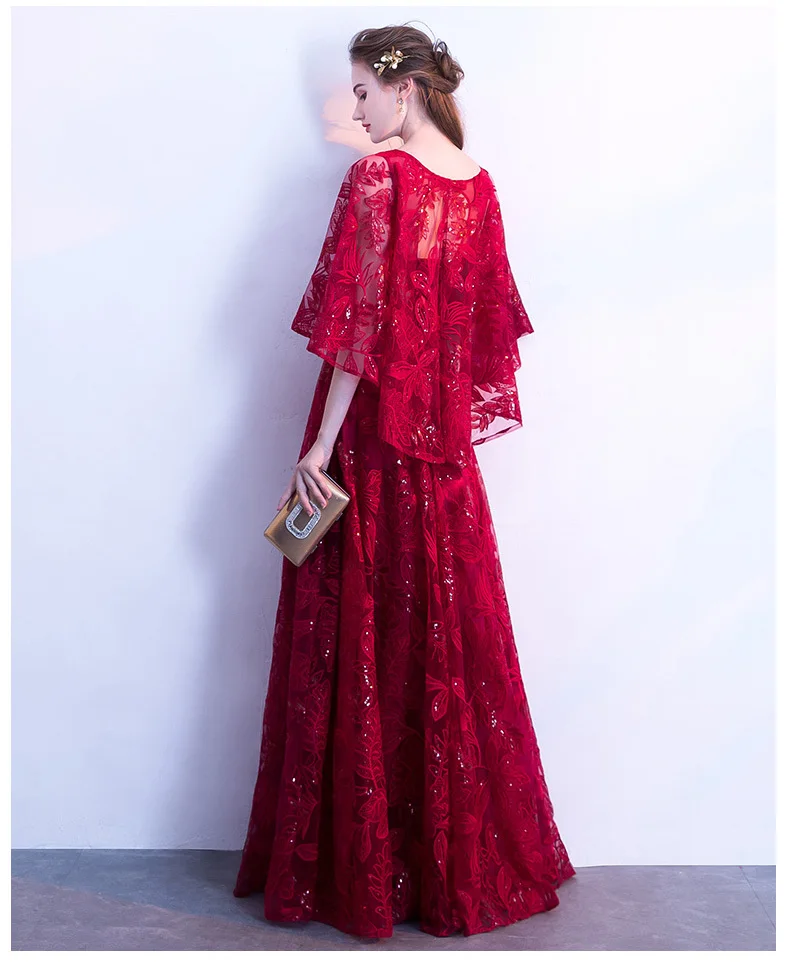 Wine Red Sequined Lace Long Prom Dresses 2019 A-line Scoop Neck With Jacket Floor-length  Plus Size Formal Dresses For Women