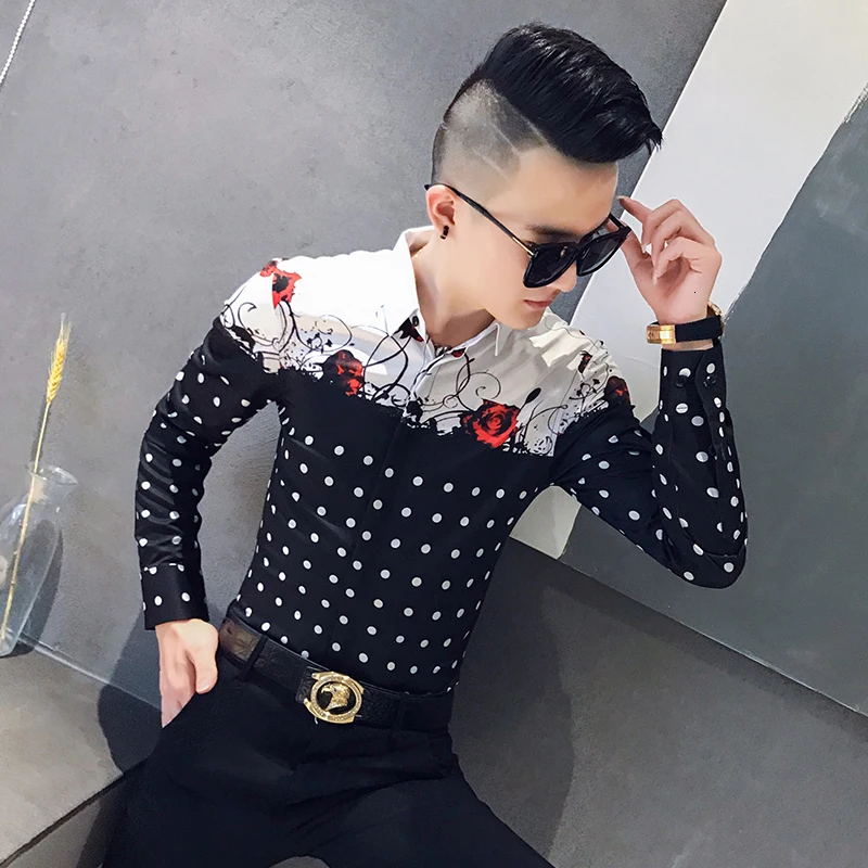 Рубашка с цветочным рисунком для мужчин Kemeja Pria Camisa Masculina, весна-осень, роскошная Клубная рубашка для мужчин с принтом в горошек розы, с длинными рукавами
