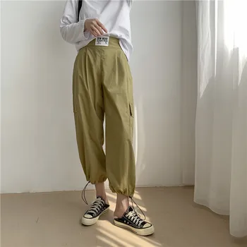 online Cintura Alta Com Cordão Macacão Feminino Primavera E Outono Nova Cor Sólida Solta Perda De Peso Nove Pontos Calças De Moda Casual