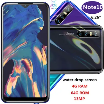 

Note 10 water drop screen 6.26 IPS smartphones Quad core 4GRAM 64GROM 13MP Android MTK face ID unlocked mobile phones wifi WCDMA