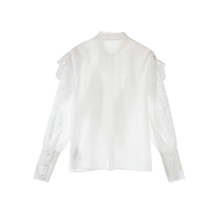 Осенние комплекты из 2 предметов для женщин, кружевная белая блузка с длинным рукавом и шорты с цветочным принтом с высокой талией, комплект из двух предметов, модная блузка, Топ