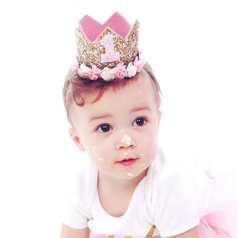 

Baby Boy Girl Birthday Party Headwear Elastic Headband Glitter Number Flowers Crown kid birthday crown
