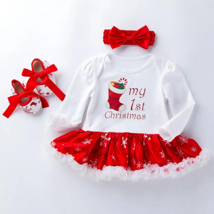 Baby Rompers Infant Clothing Glitter My1st 2nd Christmas Baby Girls Santa Baby Tutu Dress Jumpersuit Headband Shoes Headband - Цвет: as picture shown