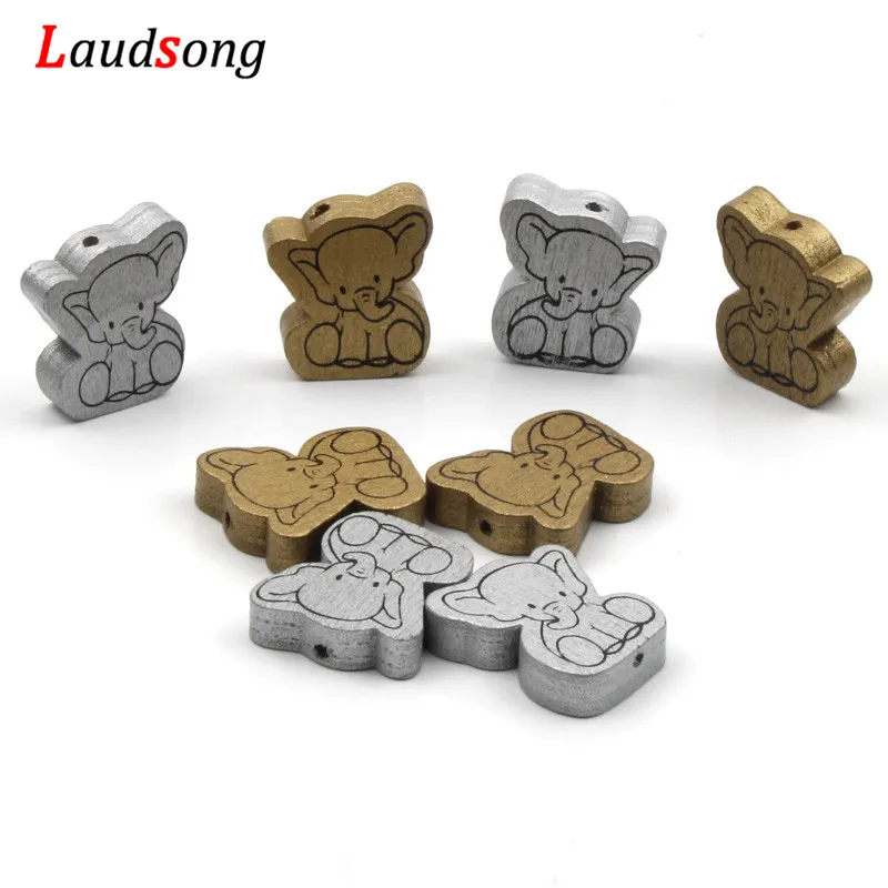 

30Pcs Gold/Silver Elephant Natural Wood Spacer Wooden Beads For Diy Jewelry Making Kids Pacifier Chain Handmade Gift 20x25mm