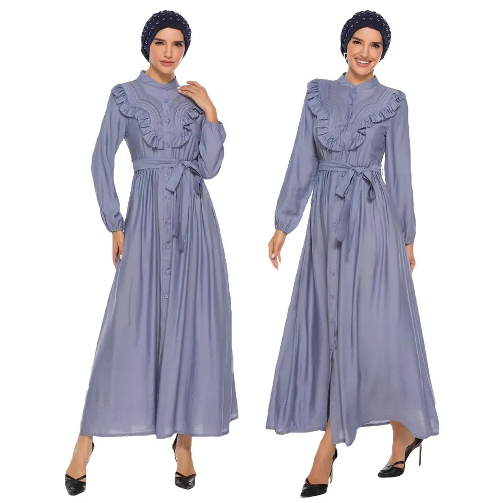 Gray Blue Абая для мусульманских женщин рубашка платье халаты с длинным рукавом мусульманские арабский, из Дубая Коктейльные однобортные с поясом рюшами турецкие платья - Цвет: Gray Blue