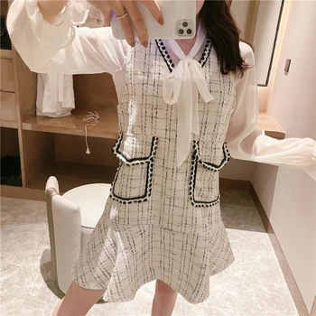 

Women Two piece set Bow Collar Flare Sleeve blouse Top + Pocket Tweed Vest Mini Dress Tracksuit Office Lady 2 Piece Sets