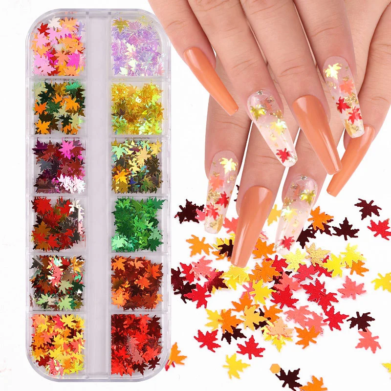 12 Colors Maples Leaves Shape Nail Art Sequins Glitter Flakes
