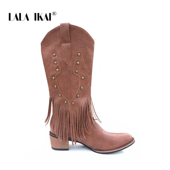 

LALA IKAI Boots Woman 2019 Autumn Winter Black Mid-Calf Boots Female Flock Zipper Fleece Square Heels zapatillas mujer XWC6275-4