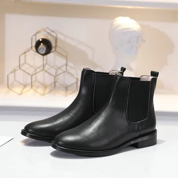 

Autumn Winter Leather Boots For Women 2019 Women's Black Square Heel Shoes Brand Round Toe Ankle Boots Female