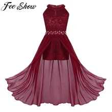 Летнее кружевное платье с цветочным рисунком и блестками для девочек; длинное платье-комбинезон; шифоновое платье принцессы с фатиновой юбкой; торжественное платье для свадебного торжества, дня рождения, вечеринки