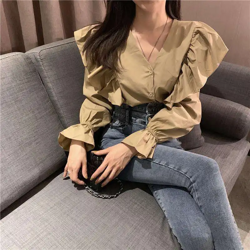 

2020 New Arrivals Solid Flare Long Sleeve Ruffles Blouse V-neck Single Breasted Women Shirts Camel Free Shipping