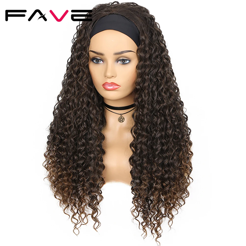 

FAVE Kinky Afro Short Curly Synthetic Headband Long Hair Wig Black Brown For Black Women Hair Heat Resistant Fiber
