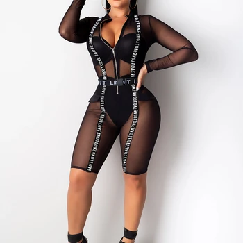 

Women Black Mesh Sheer Sexy Playsuits Shoulder Strap Letter Zipper Deep V Autumn Full Sleeve Casual Club See Through Bodysuits