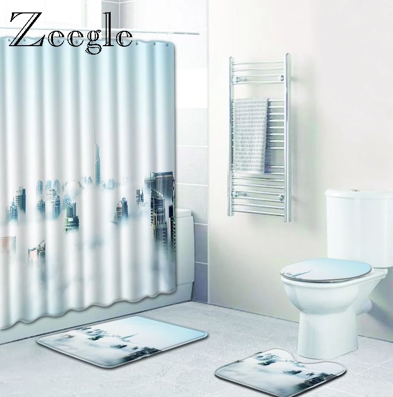 Zeegle 4pcs Shower Curtain Set Polyester Carpet for Bathroom Rug Toilet Decoration Bath Mat Soft Pedestal Rug Toilet Seat Cover