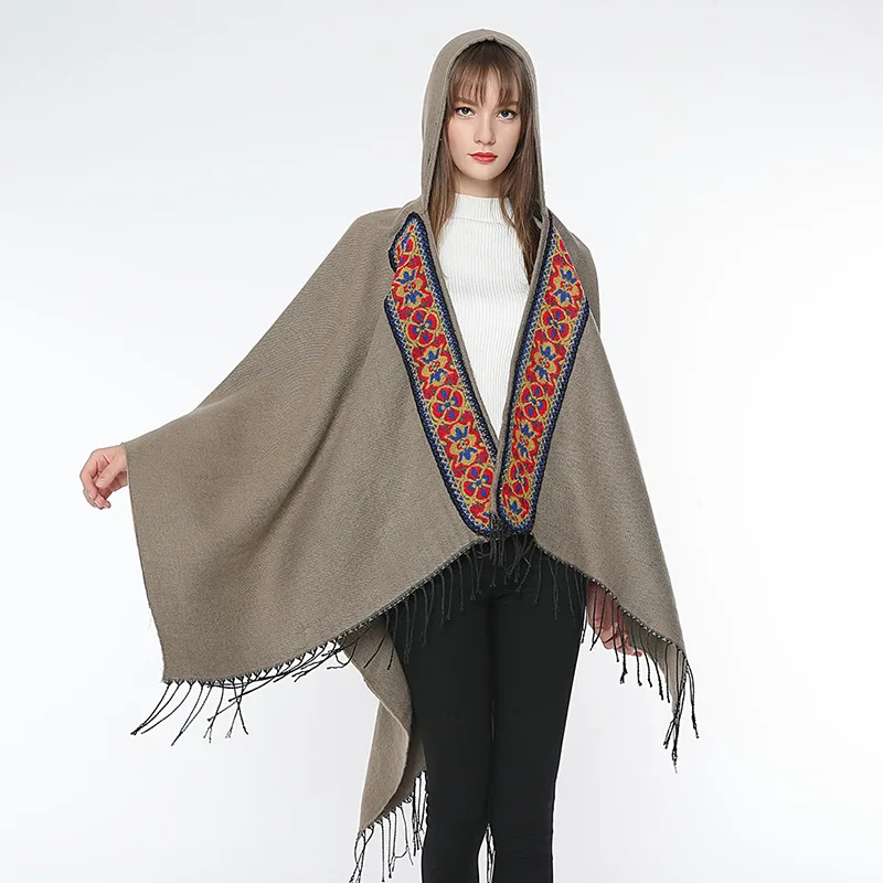 khaki Новинка, женские кардиганы, толстые, зимние, теплые, с цветочным принтом, шали со шляпой, женские, элегантные, с кисточками, шарфы, негабаритный шарф - Цвет: khaki
