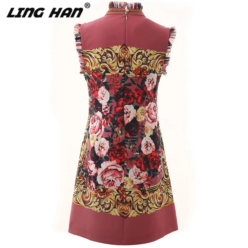 LINGHAN Designer Autumn Flower Print Crystals Sleeveless Elegant Mini Dress Party Dresses New