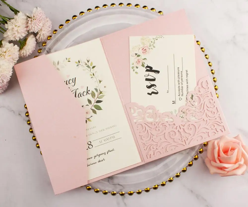 Tarjetas de invitación de boda con flores cortadas con láser, bolsillo de  color burdeos, tres tarjetas plegables, cubierta de invitación de  felicitación, 20 unidades por lote, 15 - AliExpress, image size:1000x833