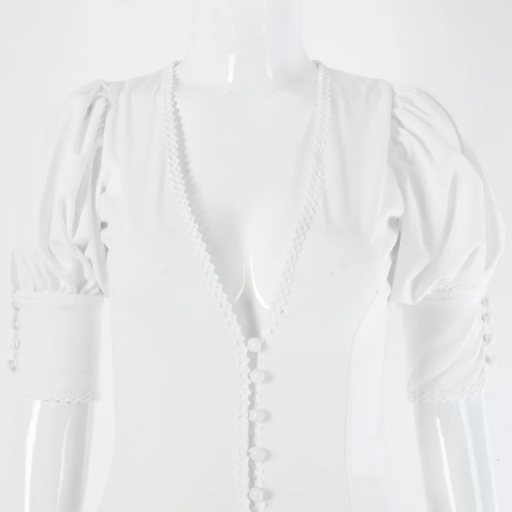 DEAT, Осень-зима, белое сексуальное платье с рукавами-фонариками, v-образный вырез, высокая талия, однобортное, на пуговицах, тонкое, длинное платье для женщин, MG470
