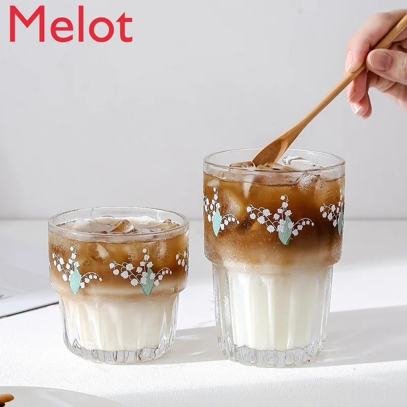 

Thick Glass Flower Cup Iced Coffee Cup Transparent Fresh Girl Heart Cola Milky Tea Cup cute water bottle
