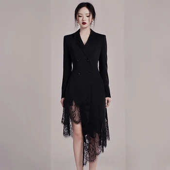 

HAMALIEL New Brand Ladies irregular Dress Runway Autumn Winter Double-breasted Long Sleeve Patchwork Lace Notched Women Vestidos