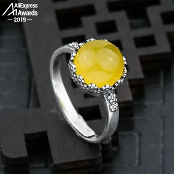 

10*10mm 6.18 Sale S925 Sterling Silver Ukraine Amber Rings Exaggerated Rings health rich lithuania Retro Handmade
