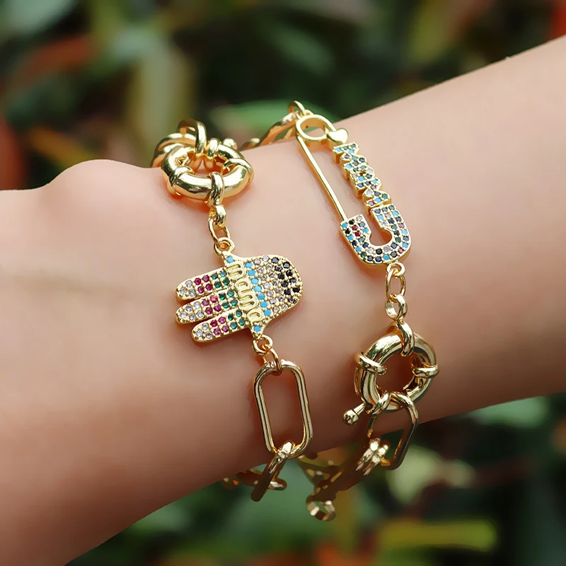 Уникальный браслет Hamsa Hand Mama, весенние круглые украшения для мам,подарки, фианиты, скрепки, цепочка, булавка, браслеты для мам, летниеламинированные браслеты