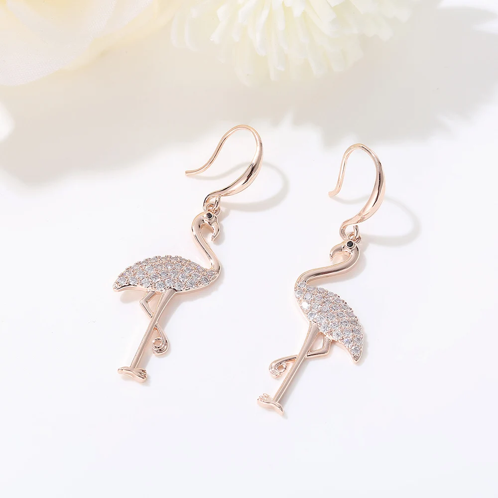 

Vintage Women Accessories Cute Animal Rose Gold Cubic Zirconia Flamingo Drop Earring Charm Female Fashion Birthday Party Jewelry