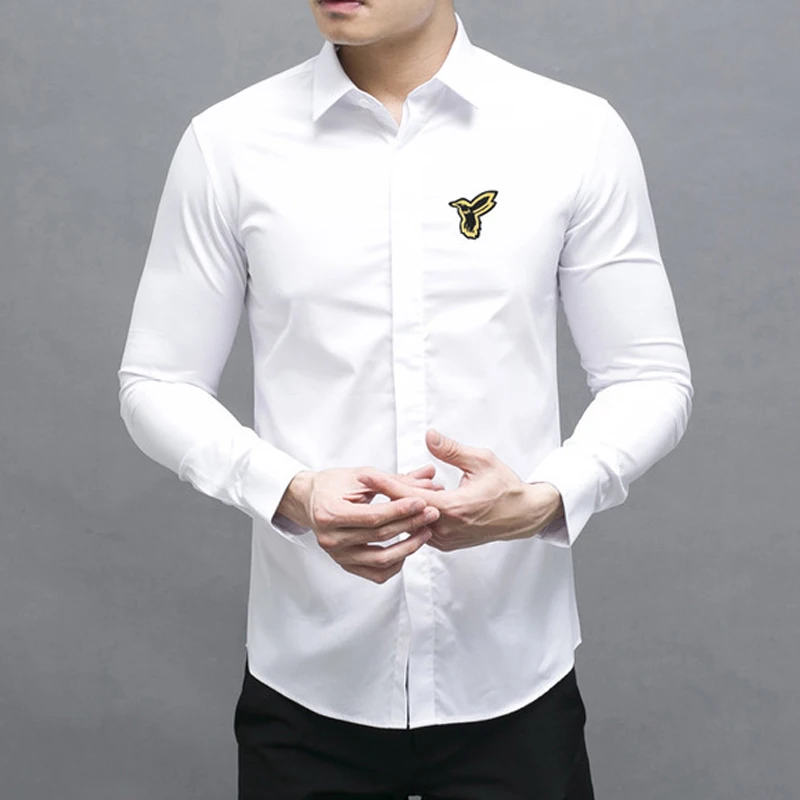 Бренд Качество чистый хлопок рубашка для мужчин новая вышивка Тонкий Chemise homme сплошной цвет с длинным рукавом мужские рубашки Camisas - Цвет: Белый