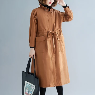 caramel colour Мода весна осень длинный плащ женский воротник "Лотос" длинный рукав ветровка пальто свободного покроя размера плюс верхняя одежда - Цвет: caramel colour