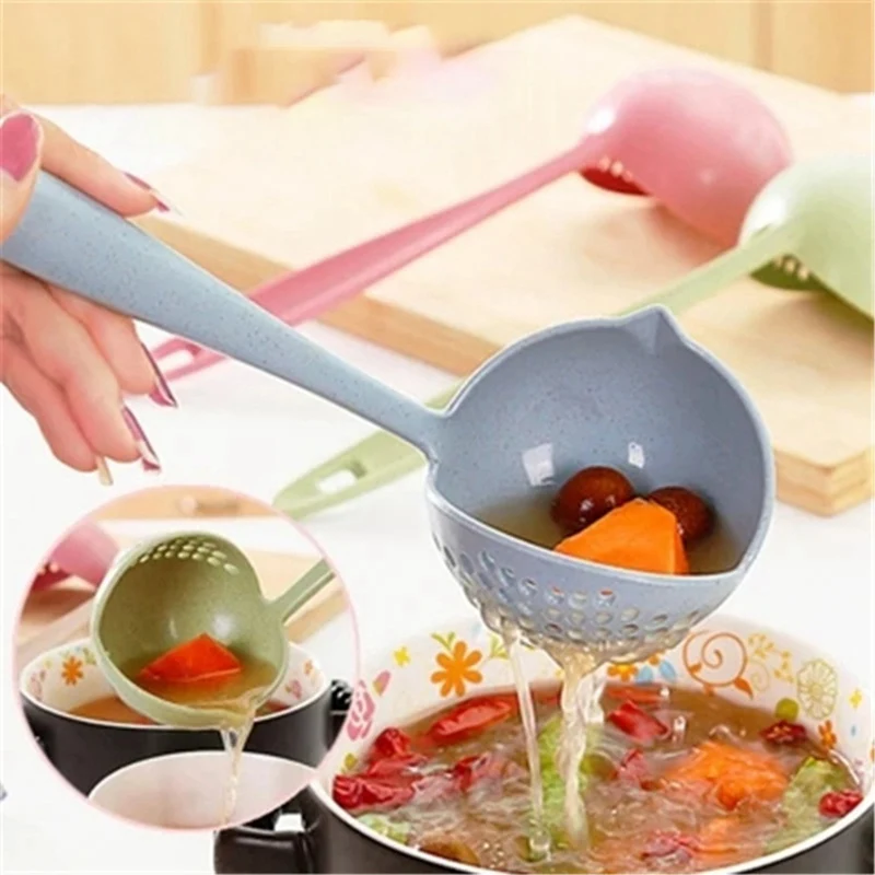 

2 in 1 Kitchen Colander Tools Long Handle Soup Spoon Home Strainer Cooking Tools Colander Kitchen Scoop Plastic Tableware