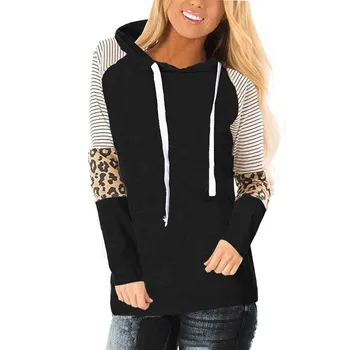 

Sweatershirt 2019Top Women'sLeopard Color Block Tunic Comfy Stripe Hoodie Round Neck Sweatshirt Tops Causaul Blouse Blusa F