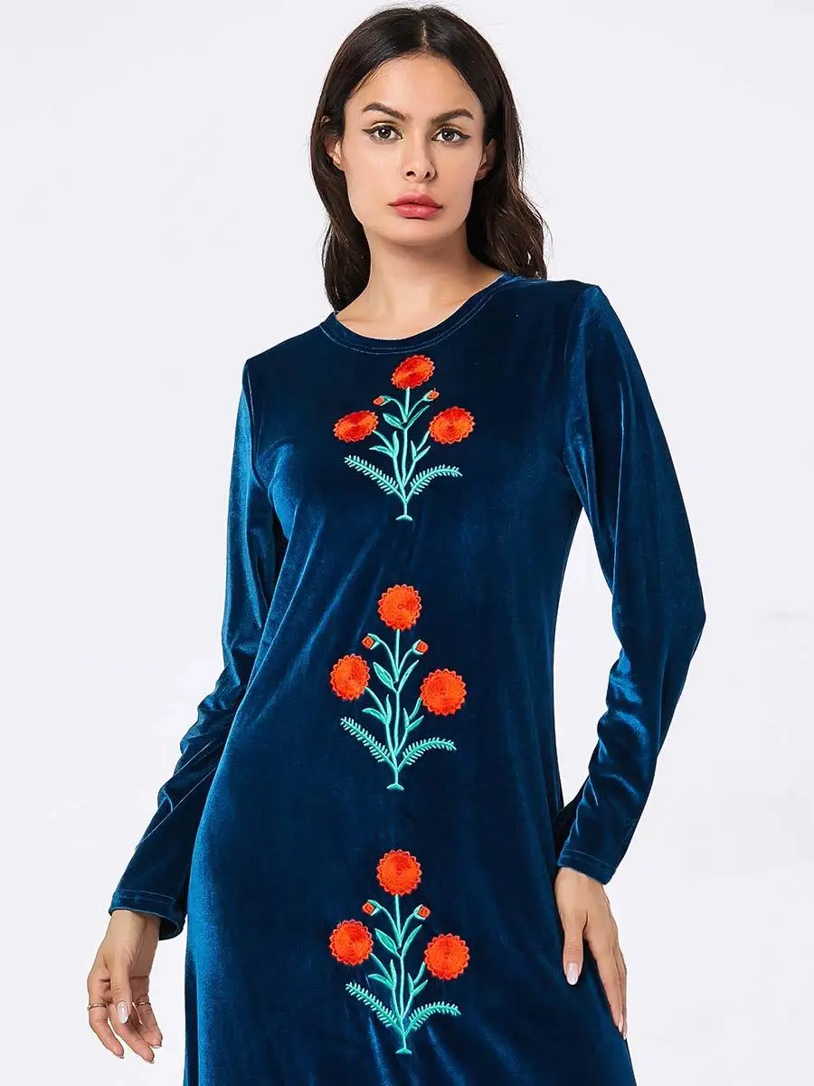 Abayas женское бархатное платье мусульманский Кафтан Дубай Халат длинный рукав вышивка свободный исламский джильбаб Vestidos Одежда Плюс Размер