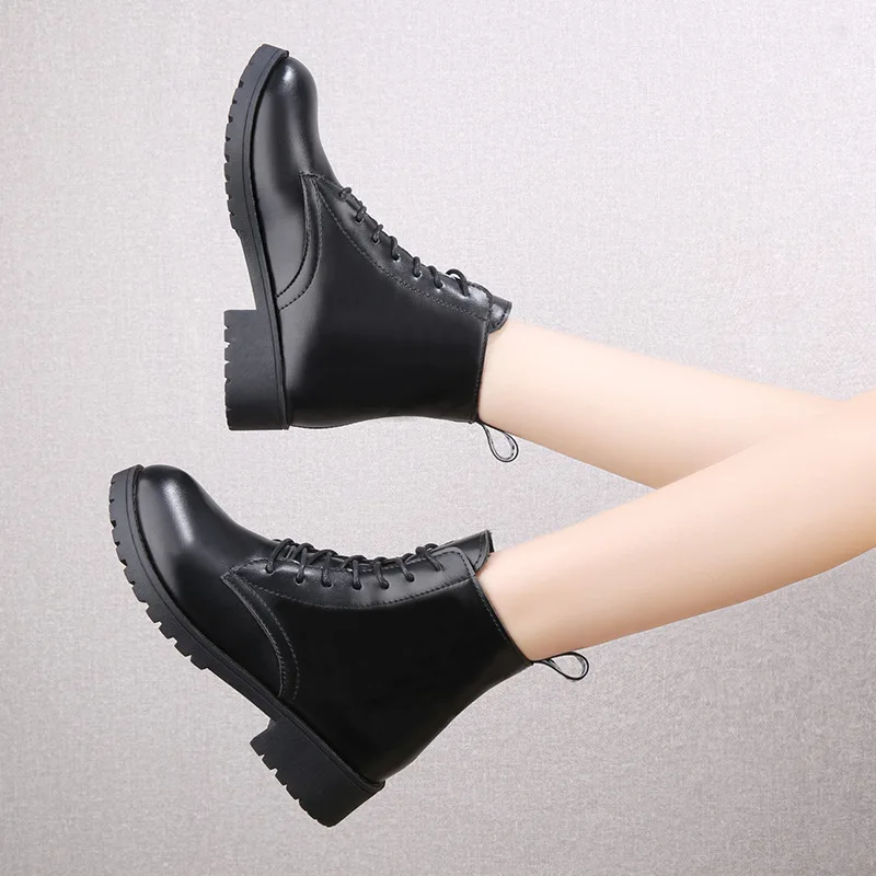 Classic Women's Boots 2020 Winter Motorcycle Ankle Boots Wedges Female Lace Up Platforms Spring Black Work and Safety Shoes