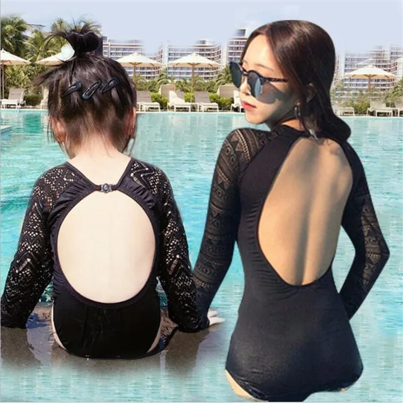 

Mommy and Me One-piece Sunscreen Swimsuit Long-sleeve Mother Daughter Lace Halter Swimmer Bikini for Family Matching Clothes