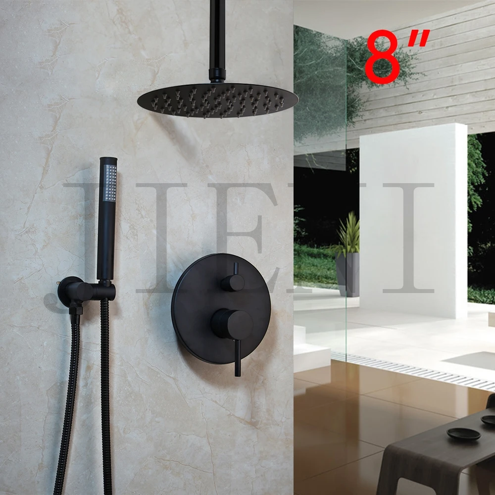 Description Picture 6 of itemJIENI 8 Inch Black Round Wall Mounted Bathroom Rainfall shower faucet Sets Oil Rubbed Bronze head & hand shower Shower Set