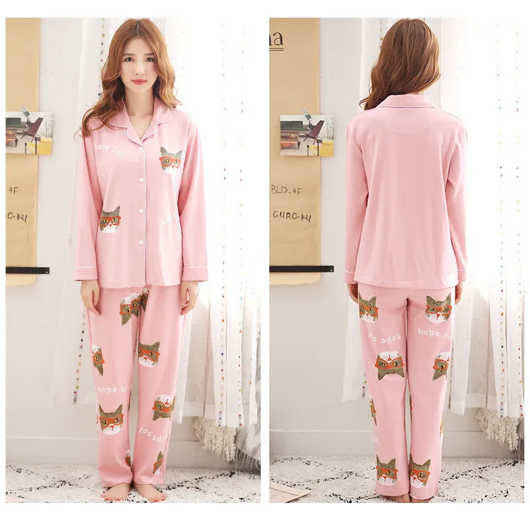 New Women Pajamas Sets Cotton Long Sleeve Autumn Winter Sleepwear Cute Ladies Girl Pijamas Mujer Adult Home Clothes