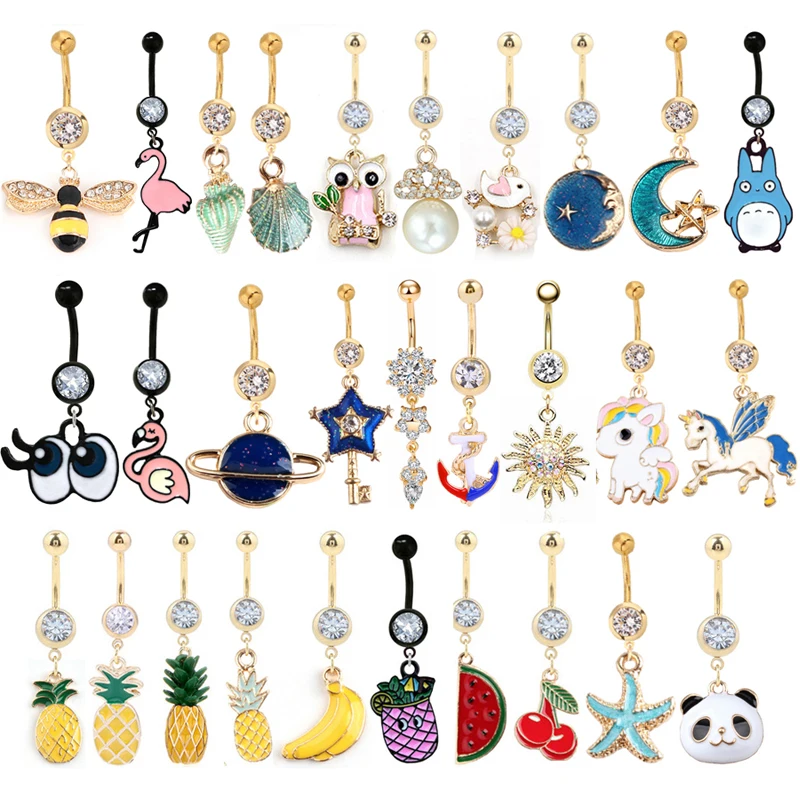 

1PC Women's Piercing Navel Gold 14G 316L surgical steel Crystal Flower Dangle Navel Belly Button Ring Body Piercing Jewelry