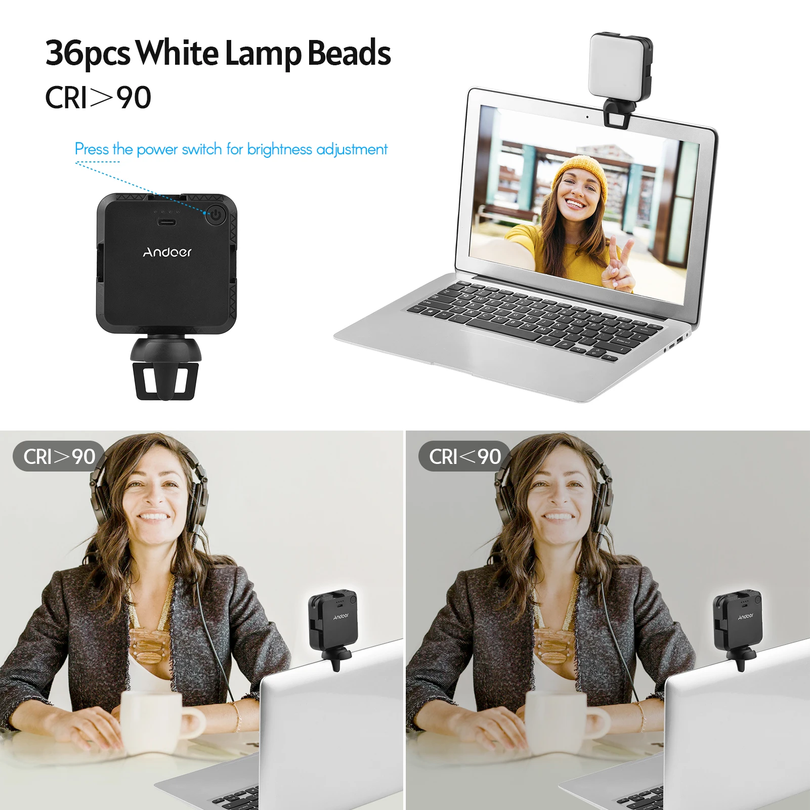 Andoer 라이브 스트림 비디오 촬영 회의용 미니 LED 조명, 밝기 조절 가능, 3 콜드 슈 마운트, W36, 5600K