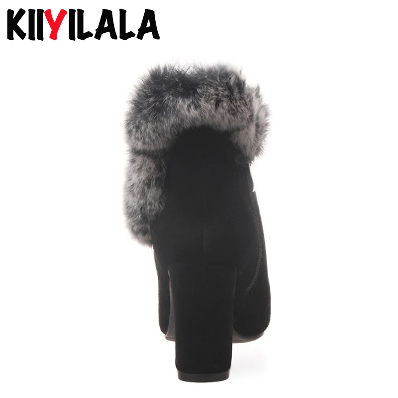Kiiyilala/зимние сапоги из коровьей замши на молнии; женские ботинки на натуральном меху; квадратный каблук; острый носок; теплые плюшевые женские ботильоны; зимняя обувь