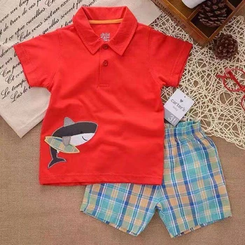 

Boys Polo Shirt Suit Short Sleeve T-shirt Shorts 2-piece Set Cartoon Shark Plaid Shorts Kids Suit 3 4 5 Years