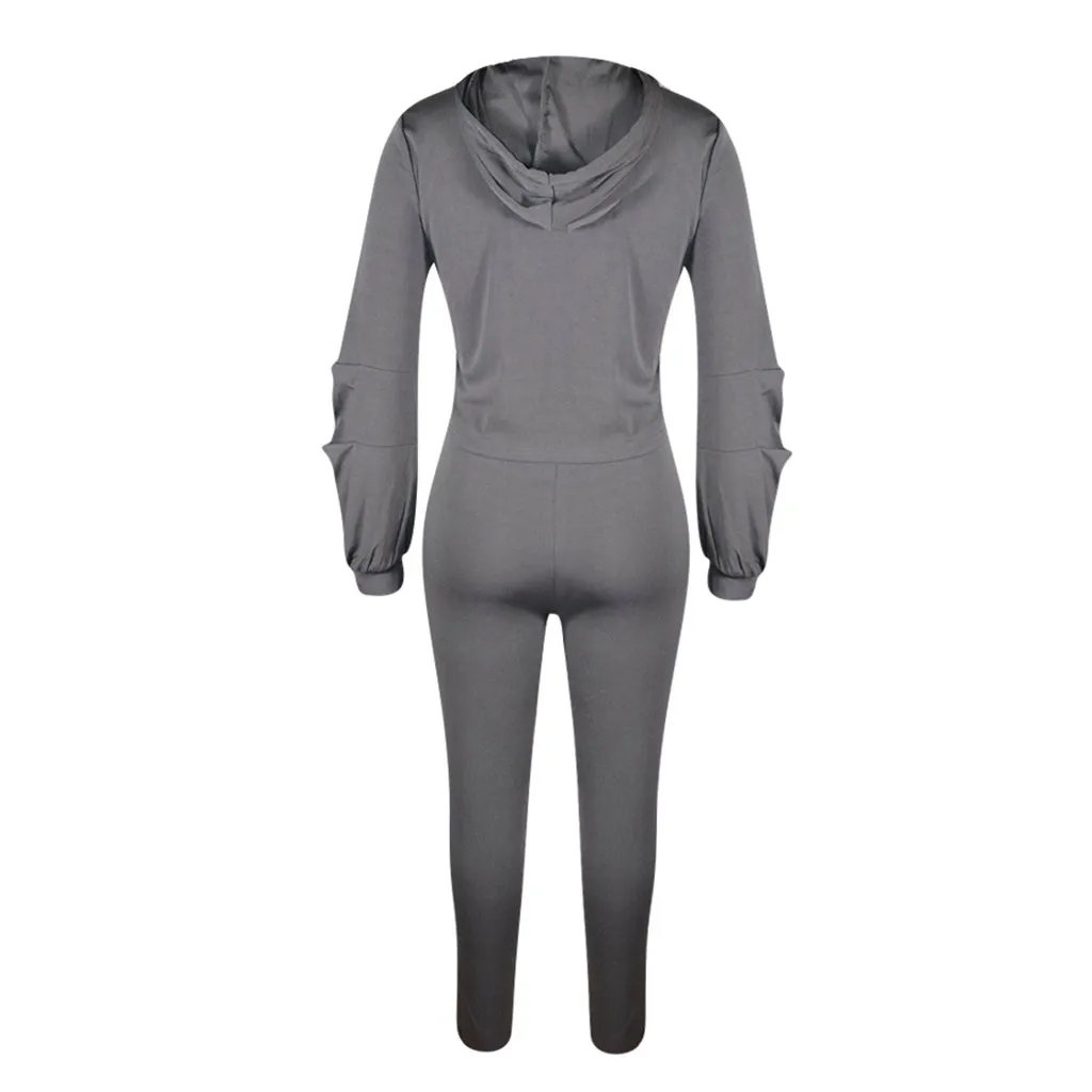 Women 2Pcs Sport Running Set Casual Solid Long Sleeve Crop Top Hooded Long Pant Suit Female Outdoor Jogging Tracksuit For
