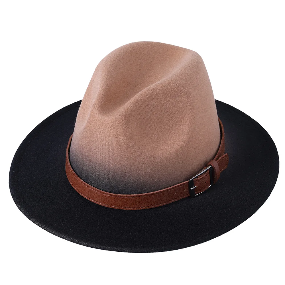 Two-tone jazz top hat women's chain gradient color fedora hat 2021 autumn winter new men's wide brim straight side jazz top hat wide brim fedora hat