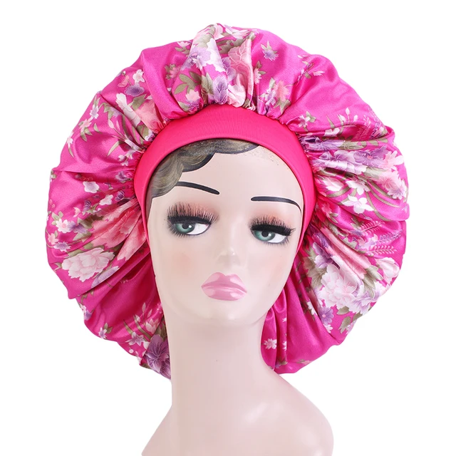 New Women Big Size Beauty print Satin Silky Bonnet Sleep Night Cap Head Cover Bonnet Hat for For Curly Springy Hair Black 408E Hot pink