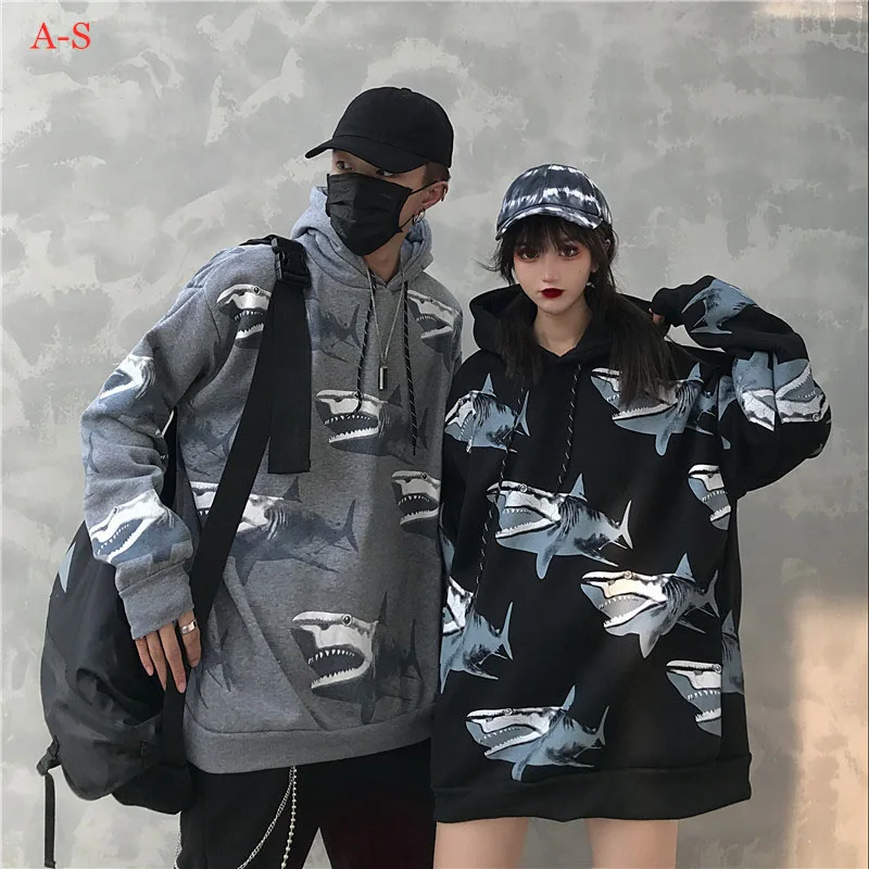 

2019 New Autumn and Winter Sweater Shark Printing Harajuku Style Loose Couple Hoodies High Street Hooded Sweater Men and Women